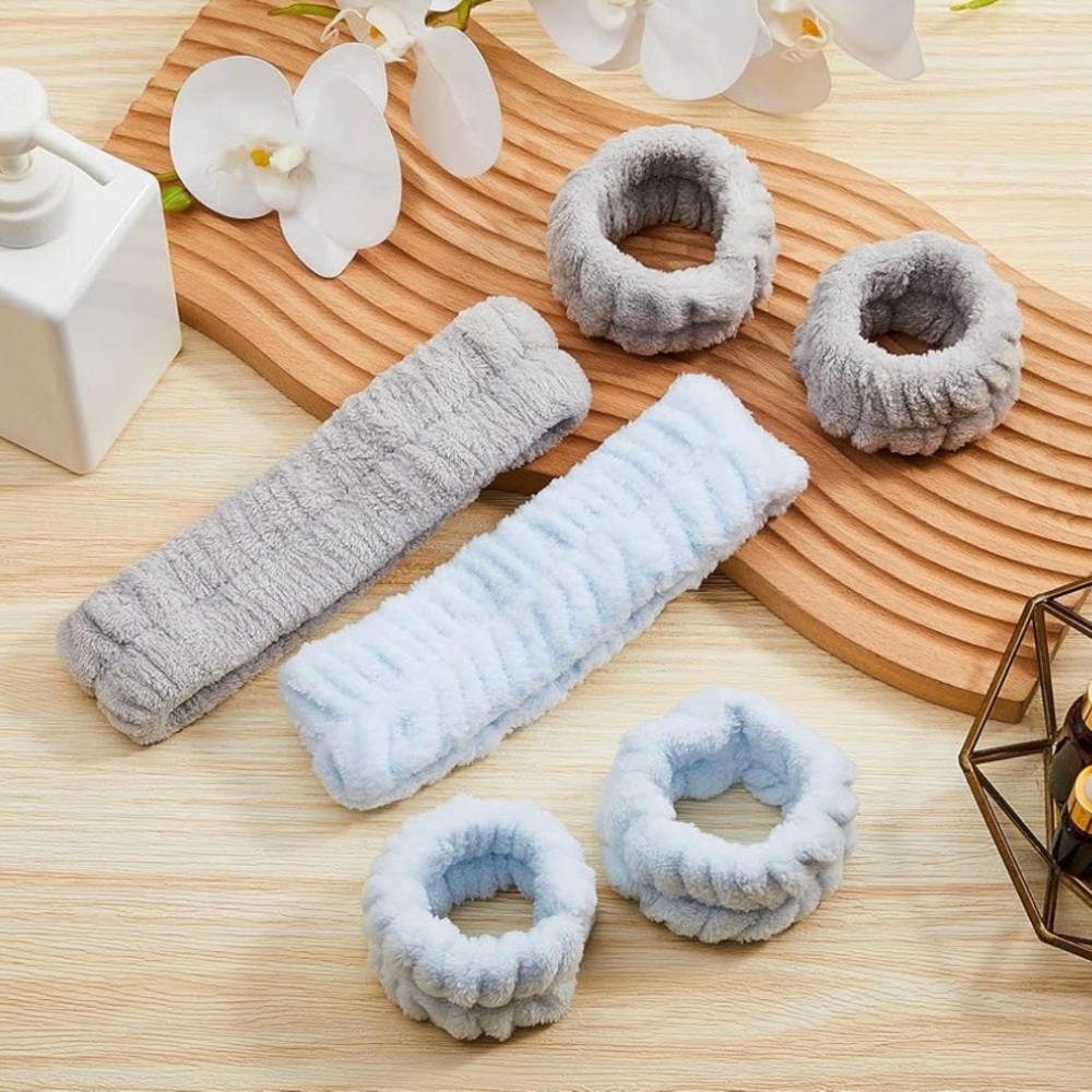 Plush Spa Headband / Wristband Set for Face Washing Skincare Makeup, [Gray] NWT - Picture 4 of 6